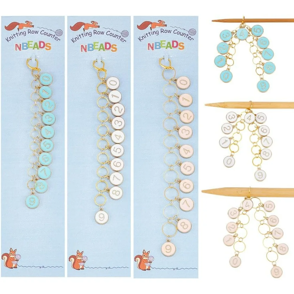 2 Pcs 0-9 Enamel Number Knitting Row Counter Chains Alloy Stitch Markers Row Counting Accessories for Knitting Crochet Tracking