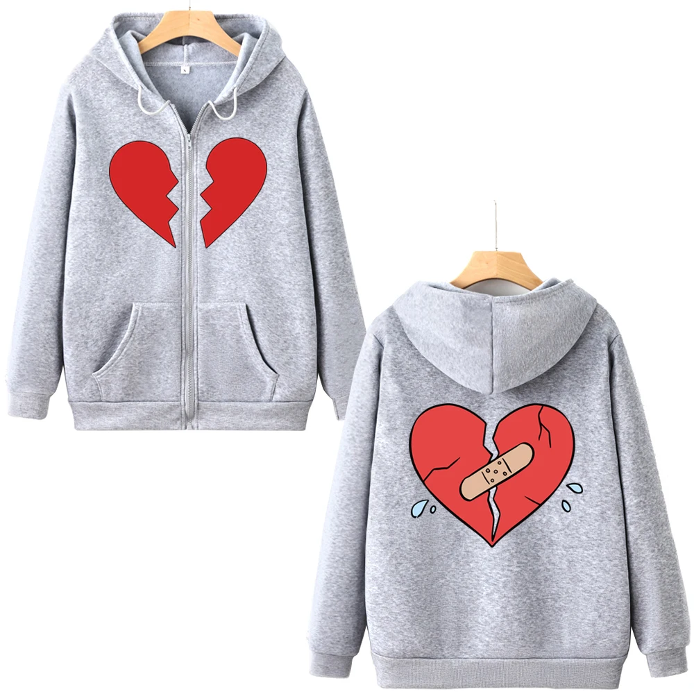 Broken Heart Print Zipper Sweatshirt Harajuku Y2K Torn Heart Graphic Unisex Zip Up Hoodie Autumn Streetwear Casual Zip Hoody