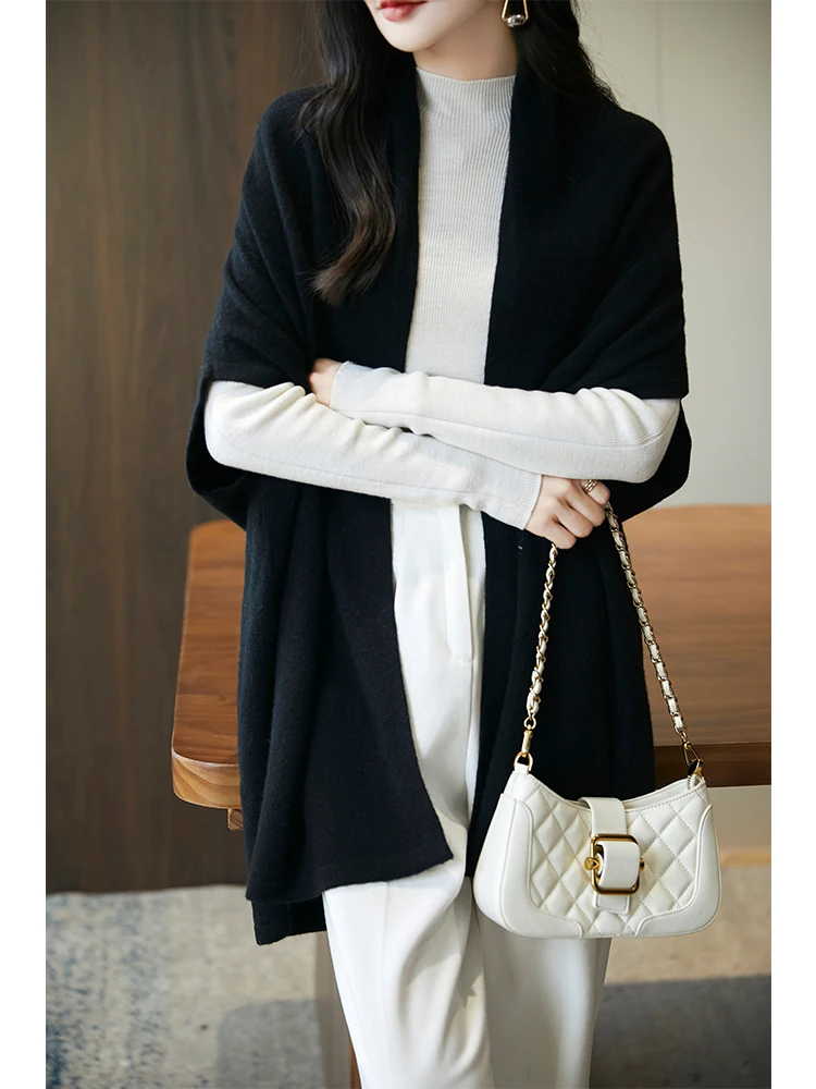 

Autumn Winter 100% Merino Wool Shawl Women Wool Sweater Cardigan Vintage Cashmere Knitwear Loose Shawl Coat Casual Soft Tops
