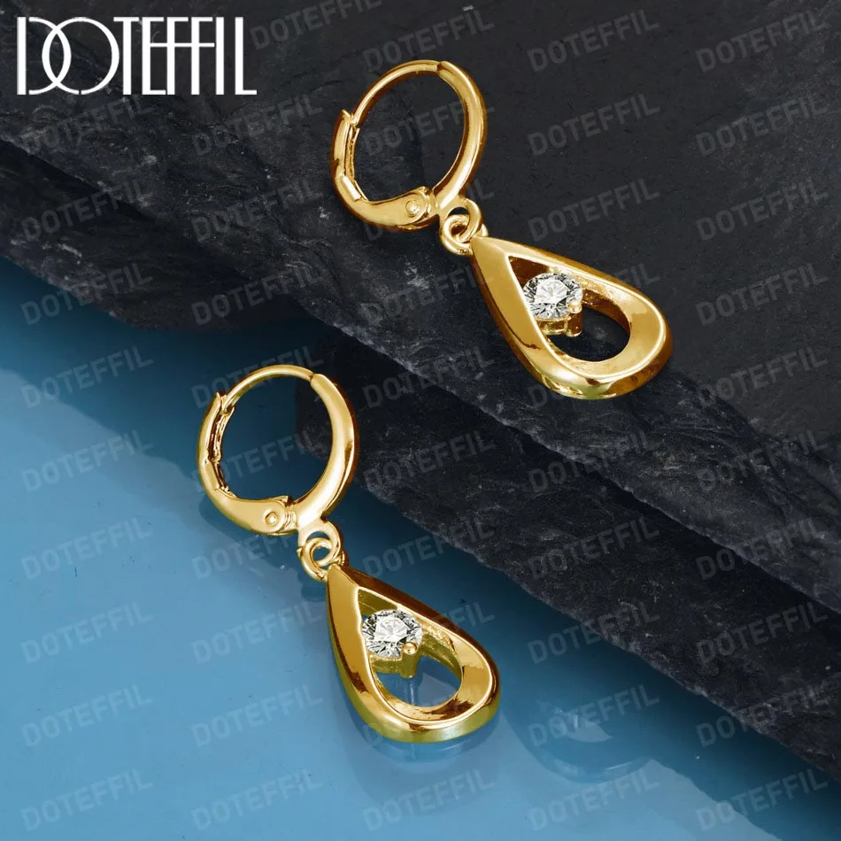 DOTEFFIL 18K Gold AAA Zircon Water Drop/Rain Drop Earrings Charm Women Jewelry Fashion Wedding Engagement Party Gift