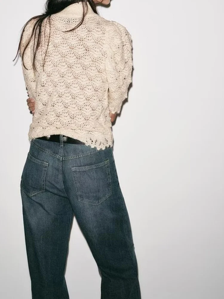 Estilo europeo y americano otoño nueva moda casual mujer delgado romántico acanalado burbuja manga corta suéter de cuello alto