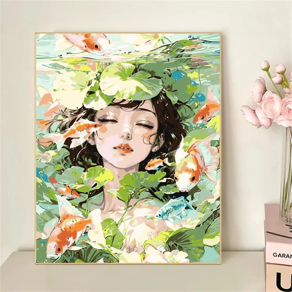 Paint by Numbers For Adult Kit Pretty Koi Girl DIY acrylic Oil Painting Canvas by Number Home Decor Frameless