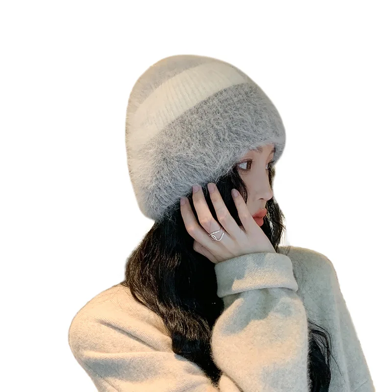 

New Hat Stocking Watch Cap Hugger Toque Head Knitted large-Head Rabbit Pullover Hat Women Autumn winter Plush warm Woolen B8M80