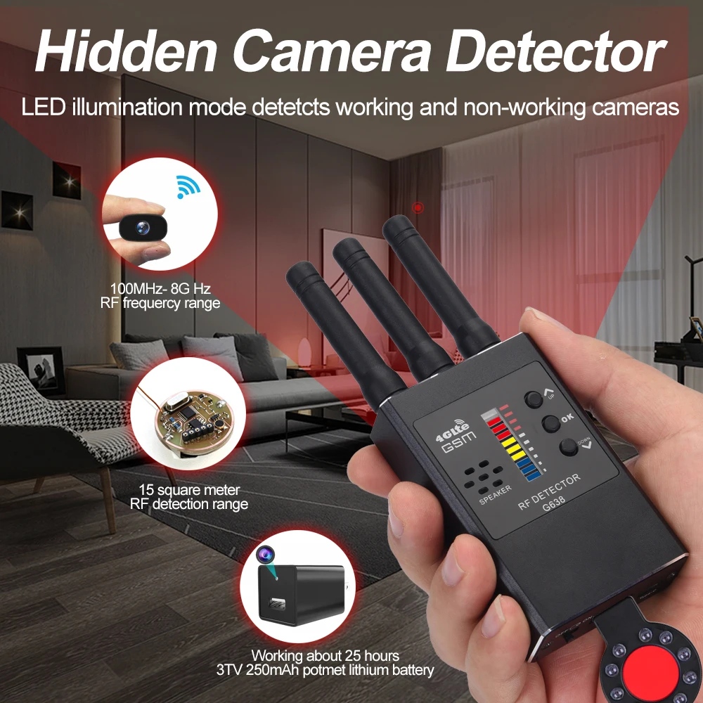 Anti-Spy Hidden Camera Detector G638 Multi-function GSM Audio Bug Finder GPS Tracker Lens Wireless RF Signal Detect Scanner