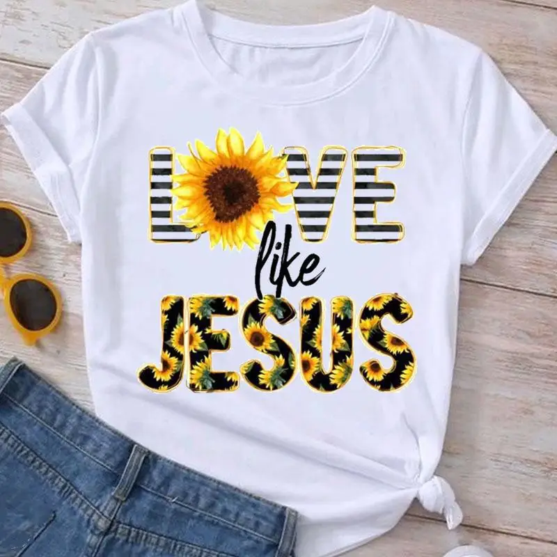 Women's Fashion Sunflower Print round Neck Short Sleeve T-shirt Graphic Top Polyester Fabric Summer Casual Wear