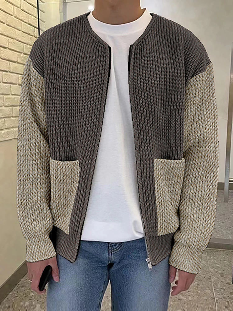 

Men Color Block Knit Cardigan Jacket Casual Loose Fit Patchwork Sleeve With Pockets Zipper Front Autumn Winter Sweater Outerwear