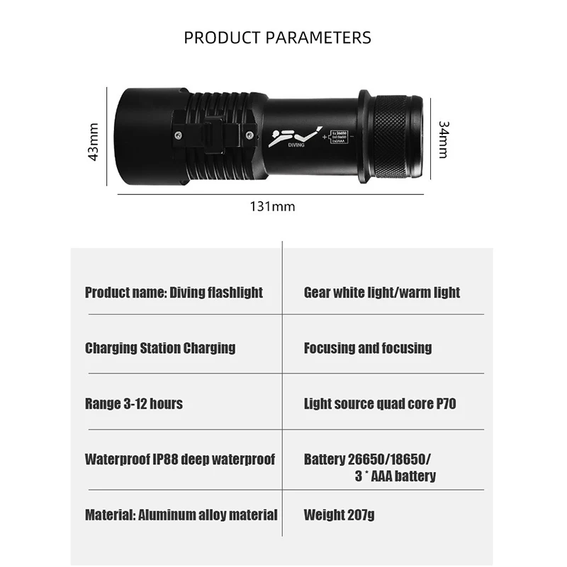 New Model Diving Torch 60Meter Waterproof Super Bright LED Powerful Flashlights 1800 High Lumens