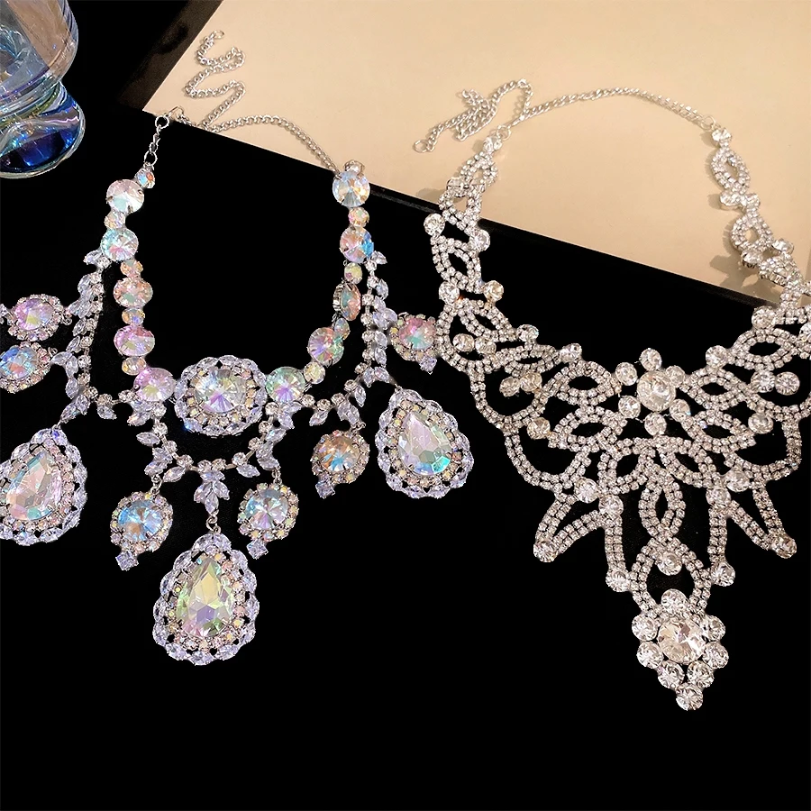 AB Color Teardrop Zircon Statement Necklace Set Sparkly V Neck Design for Women Evening and Bridal Wear Jewelry Gifts