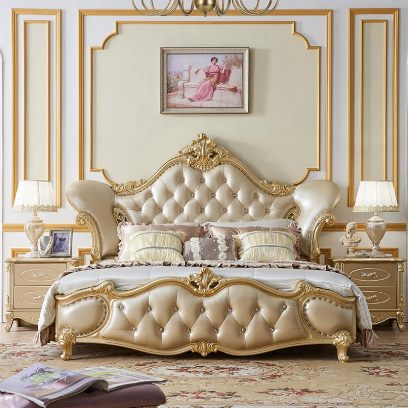 Princess European Pretty Double Bed Luxury Modern Gold Villa Adults Leather Bed Frame Headboard Cama Casal Bedroom Set Furniture