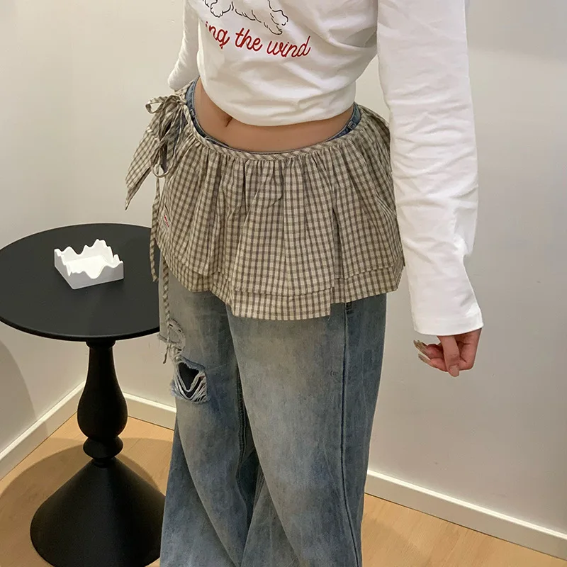 Sexy Vintage Plaid Overlay Fart Curtains For Women Japanese Kawaii Strappy Half-body Skirt Spice Girls Jeans Curtain Skirt