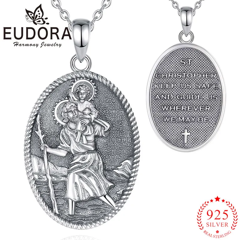 Eudora New 925 Sterling Silver St Christopher Necklace Religious Amulet Pendant Men Women Vintage Embossed Medallion Jewelry