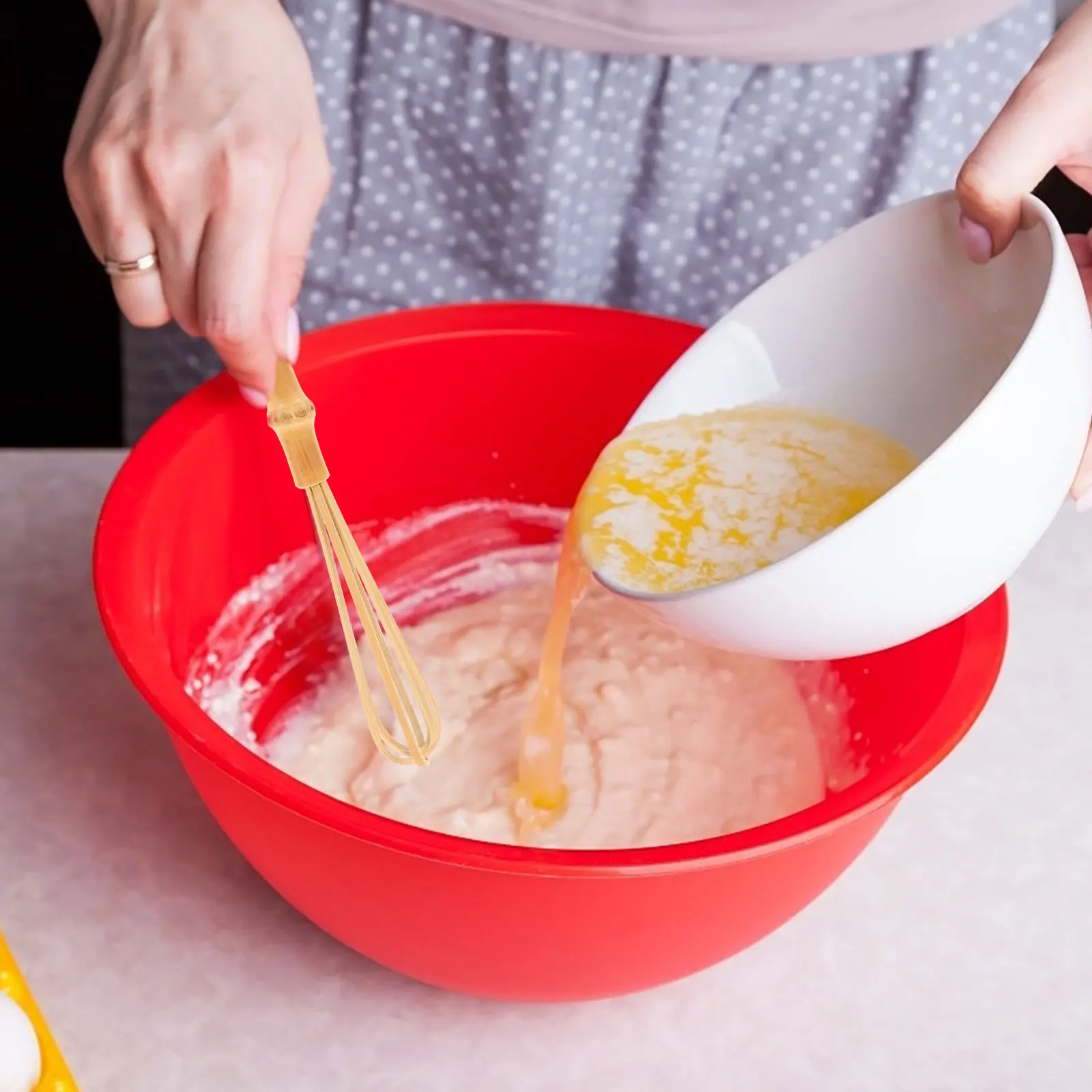 Batidor de huevos de bambú, mezclador de cocina Manual, mango ergonómico ligero, fácil limpieza, herramienta de cocina multifunción para hornear pasteles en casa