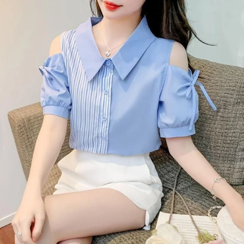 Short sleeved Chiffon Shirt for Women 2023 Summer Fashion Off Shoulder Beautiful Unique Top Wearing Foreign Small Blouse Shirt