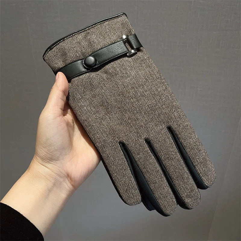 Autumn Winter Men Thicken Warm Fabric Patchwork PU Leather Glove Male Winter Brand Gloves Mitten R3025