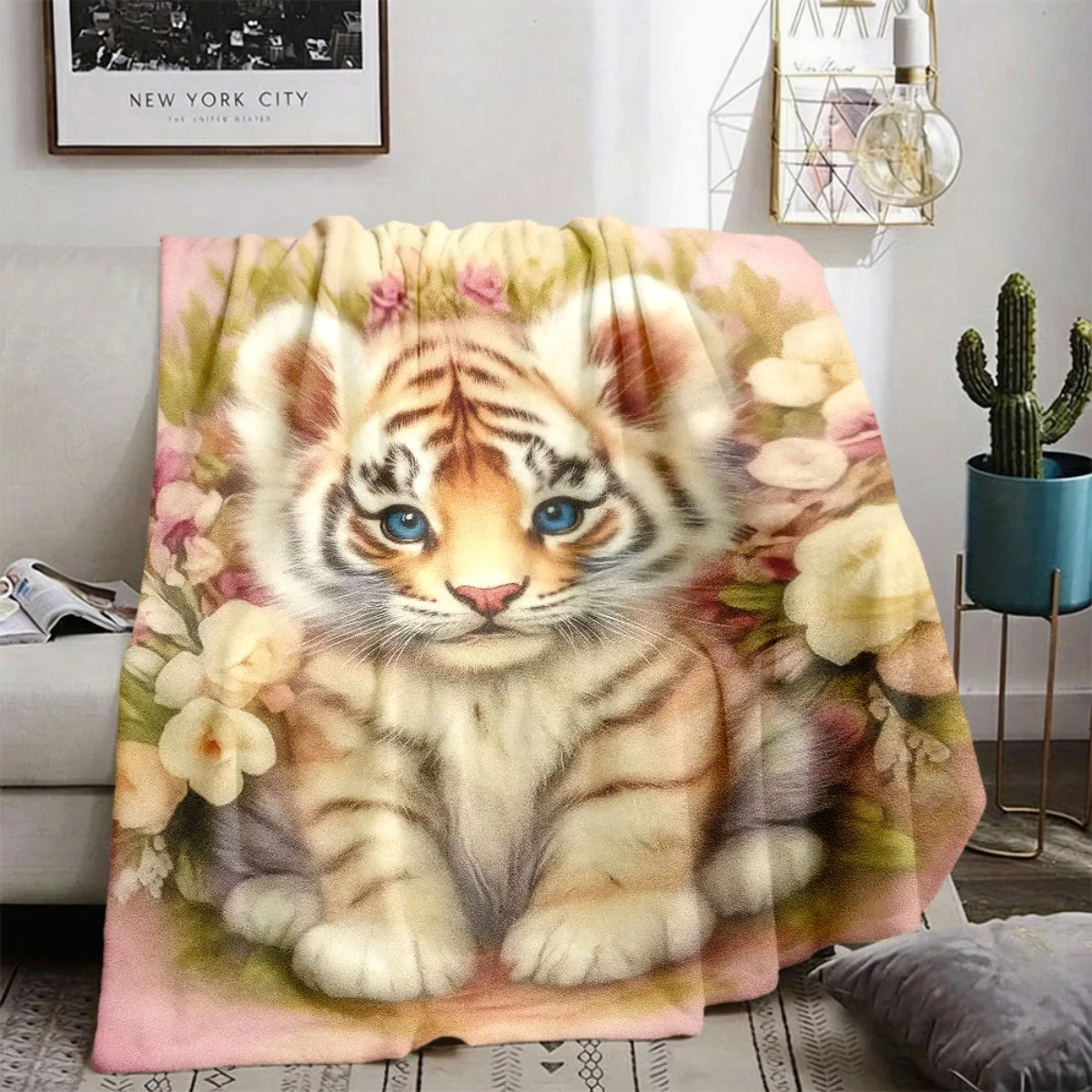 Adorable Baby Tiger with Blooms Flannel Blanket, Floral Animal Cub Throw for Living Room Bedroom & Warm Holiday Gift Picks