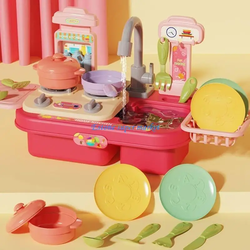090B อ่างล้างจานชุดของเล่น Pretend Sink Playset ของเล่นน้ำของเล่นเด็กไฟฟ้าจริงก๊อกน้ำของขวัญสำหรับเด็กวัยหัดเดิน