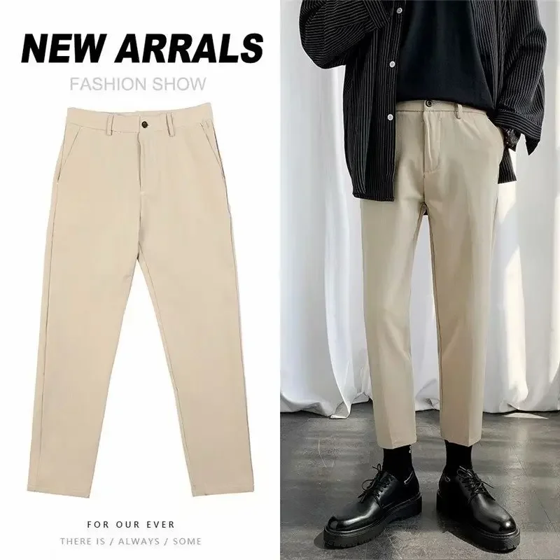 

Summer Men's Slim Casual Solid Color Cropped Pants Korean Trendy Ankel Length Pants Social Work Elastic Waist Trousers Male