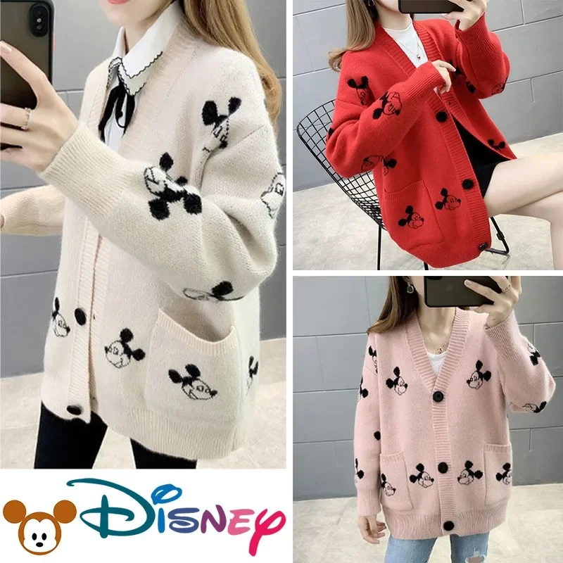 Disney Mickey Mouse Sweater Cardigan Women Cute Cartoon Fashion Long Sleeve Tops Knitted V Neck Y2K Warm Winter Autumn Sweater