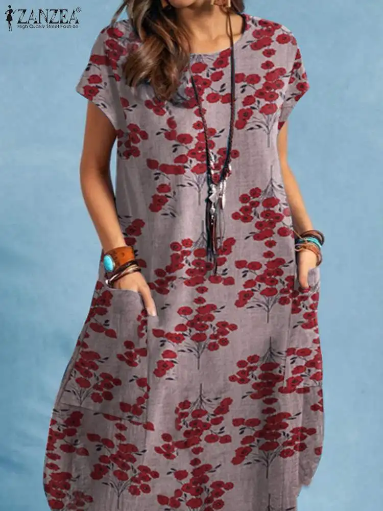 2024 ZANZEA Bohemian Floral Printed Dress Summer Casual Baggy Sundress Women O-Neck Short Sleeve Robe Elegant Holiday Vestidos