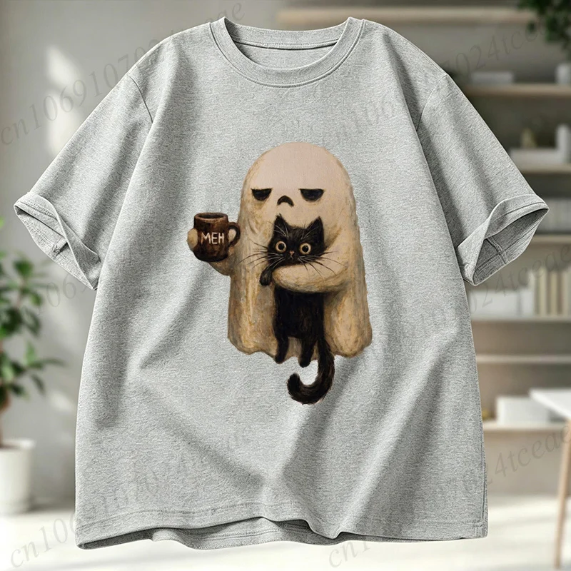 Ghost-Cat Shirt Gruselige Schwarze Katze Ästhetische Grafik-Tops für Frauen und Männer Kurzarm-T-Shirts Lustiges Geschenk für Introvertierte Halloween-Kaffeeliebhaber. – Detail 8