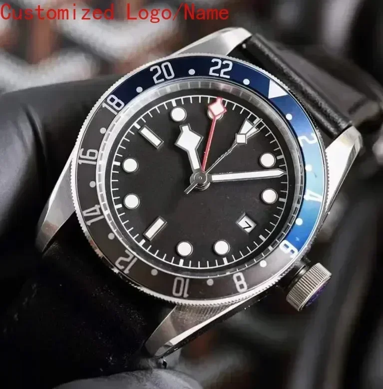 ساعة ميكانيكية أوتوماتيكية للرجال بتوقيت جرينتش مضيئة من الفولاذ المقاوم للصدأ باللون الأسود والأبيض ساعات من الجلد والسيراميك والياقوت حسب الطلب