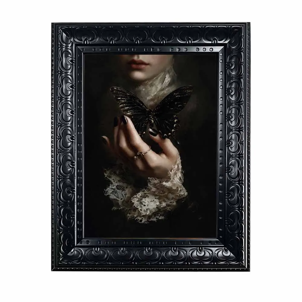 Framed Canvas Wall Art Dark Gothic Woman Hand With Black Butterfly Print, Vintage Moody Oil Painting for Aesthetic Room Decor