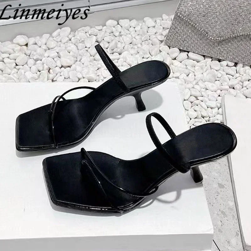 Sexy Kitten Heels Slippers Women Genuine Leather Slides Woman Flip Flops Summer Mules Runway Shoes High Heels Sandals Women