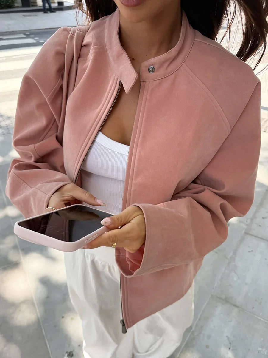 

Wolfeel Women's Retro Suede Velvet Jacket Stand Collar New Autumn Winter Coats Minimalist Outerwear Jackets