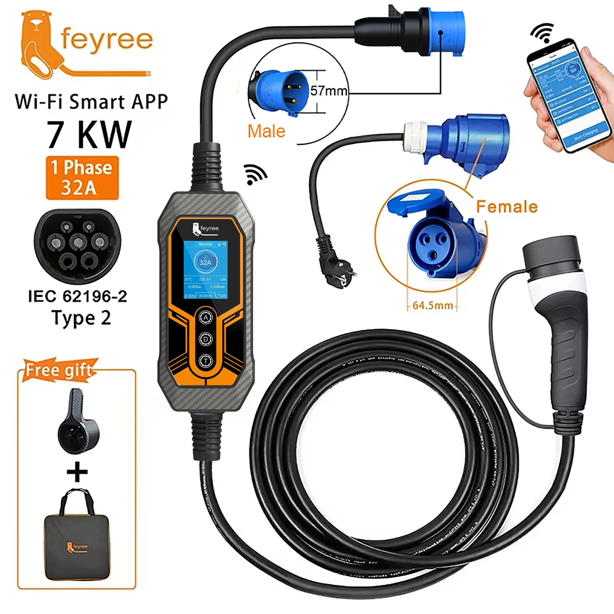 feyree Portable EV Charger Type2 32A 7KW EVSE Wi-Fi APP Control Adjustable Current Smart Timing Charging for Home & Outdoor Use