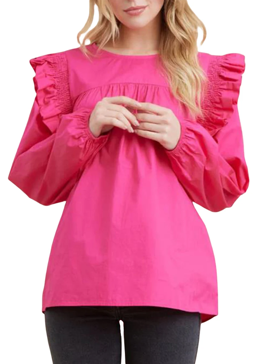 2025 Camisetas de manga larga con cuello redondo y manga abombada para mujer del Día de San Valentín, Jersey holgado informal rojo rosa a la moda, camisetas de talla grande