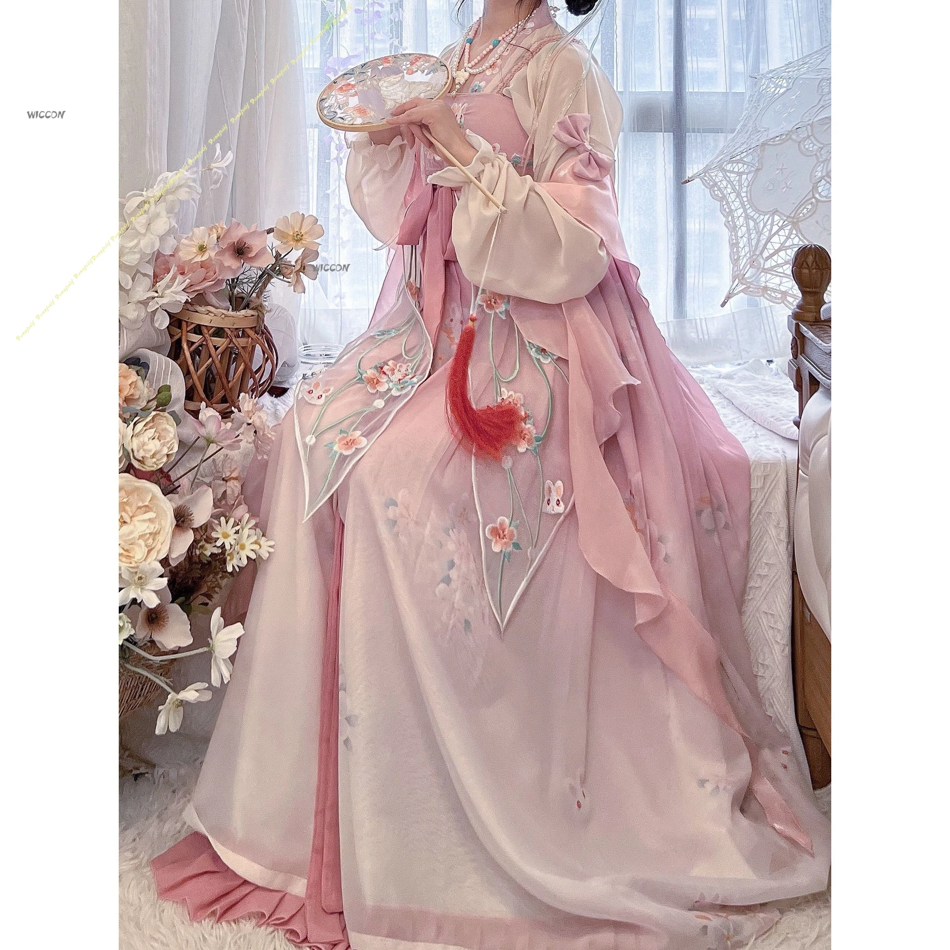 مجموعة عناصر هانفو النسائية المحسنة على طراز هان أزياء تنكرية يومية بطول الصدر مطرزة ثقيلة صيفية وردية لعيد الميلاد والهالوين