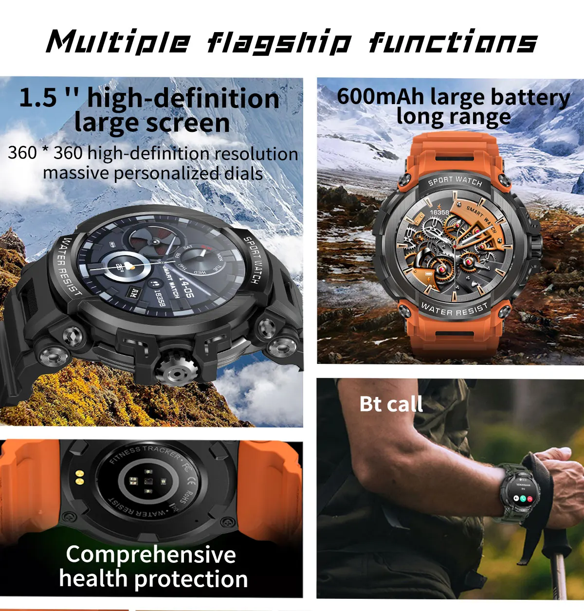 New Military Smart Watch 600mAh Ultra Long Range Tough Body Bluetooth Call Outdor Health Monitoring Sport Tracket Smartwatch Men