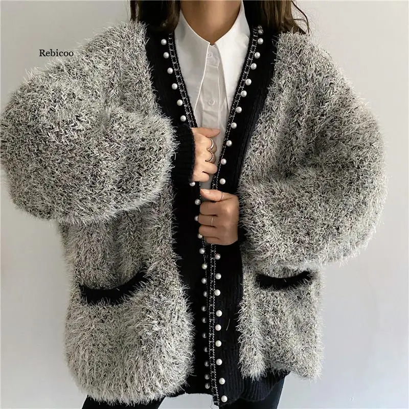 

Chic Pearl Trim Plush Female Knit Cardigan Jacket Fall 2022 New Open Stitch Sweater Coats Women Long Vintage Cardigans