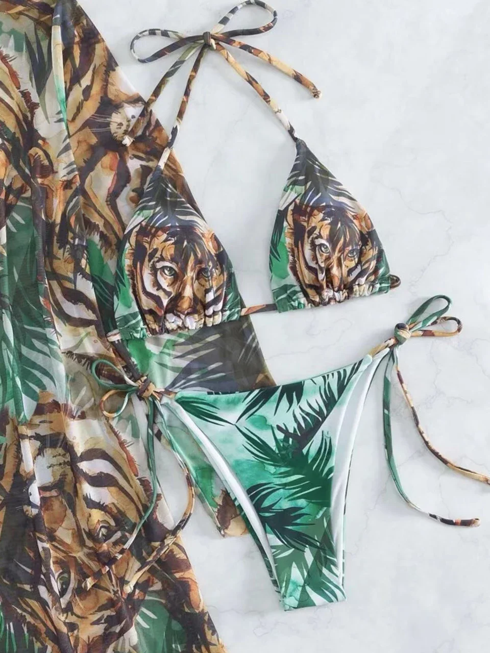 ใหม่ 3 ชิ้น Tiger พิมพ์บิกินี่ชุดว่ายน้ําผู้หญิง String ชุดว่ายน้ําหญิงชุดว่ายน้ําว่ายน้ําฤดูร้อน Lady Beachwear