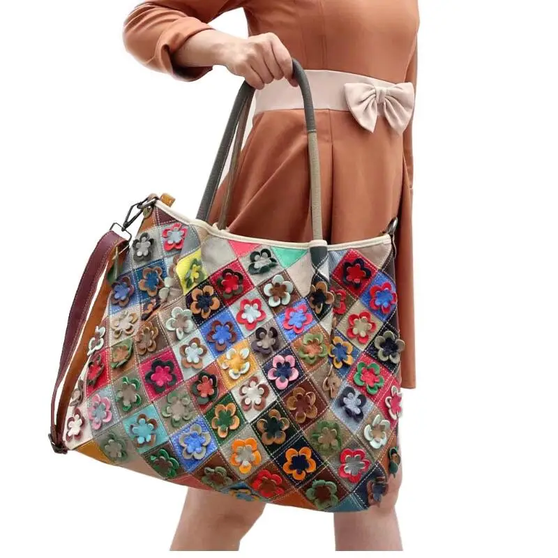 LOMANTINA  New Multi-Colorful Real Leather Luxury Brand Ladies Flower Shopper Purse Handbag Over Shoulder Women Designer Tote