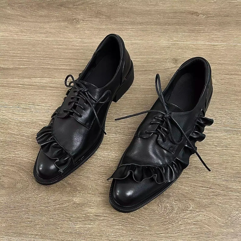 

Dark Ruffled Lace Up Small Leather Shoes With A Deep Cut And Thick Heel For Commuting Mary Jane Single Shoes For Women