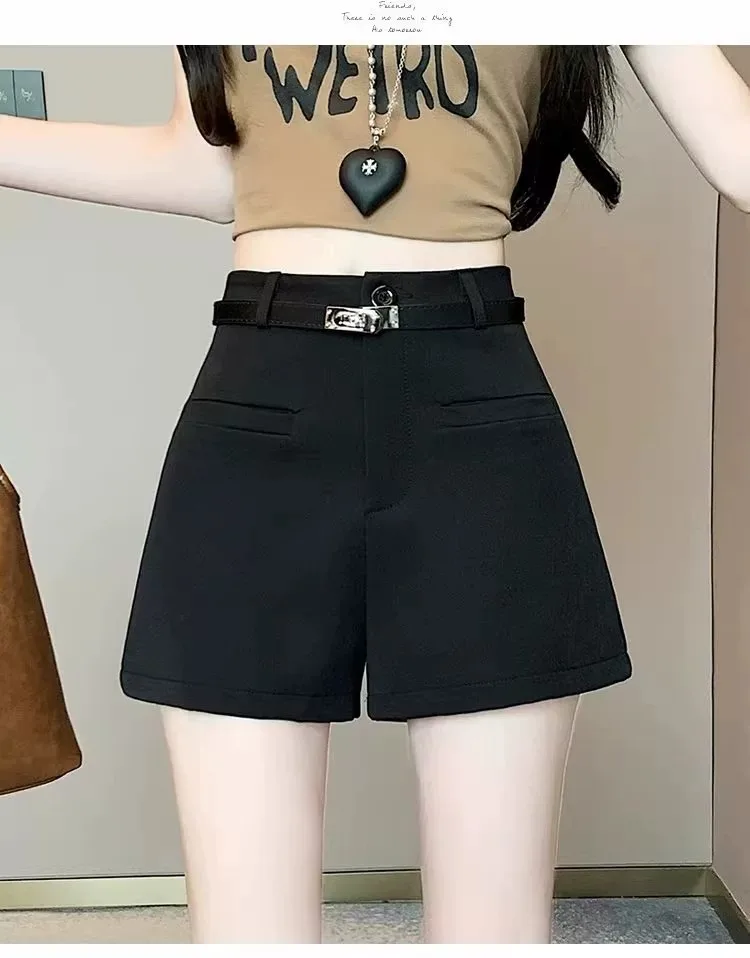 Anzugshorts, Stiefelhosen, Damen-Sommerhosen mit hoher Taille, lockere Passform, figurformend, weites Bein, „Spicy Girl“-Stil, A-Linien-Shorts, für kleinere Statur. – Detail 11