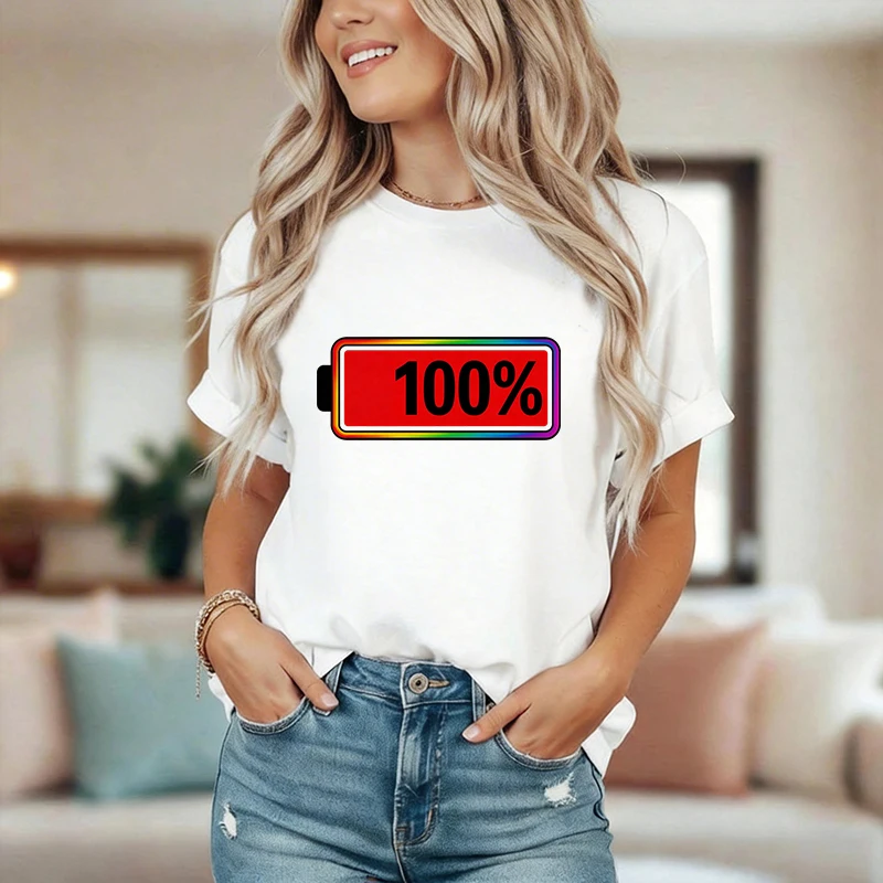 Lustiges 'Full Battery' T-Shirt für Damen, 90er-Jahre Mode, Buchstaben-Print, Kurzarm, Rundhals-Oberteil, Lässiges Sommer-T-Shirt für Frauen