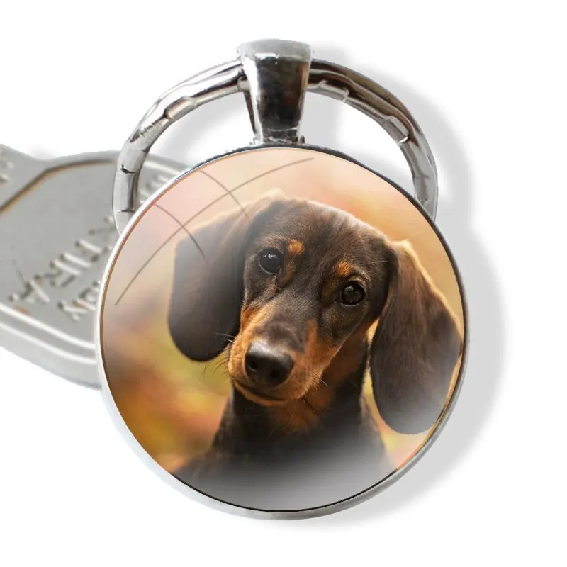 Cute Dachshund Doberman Dog Keychain Handmade Glass Cabochon Key Ring Holder Pendant Key Chains