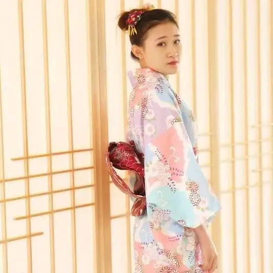 

Japan Authentic Sakura Girl Kimono Dress Japanese Yukata Obi Bathrobe Women Floral Print Haori Japan Uniform Cosplay Costume