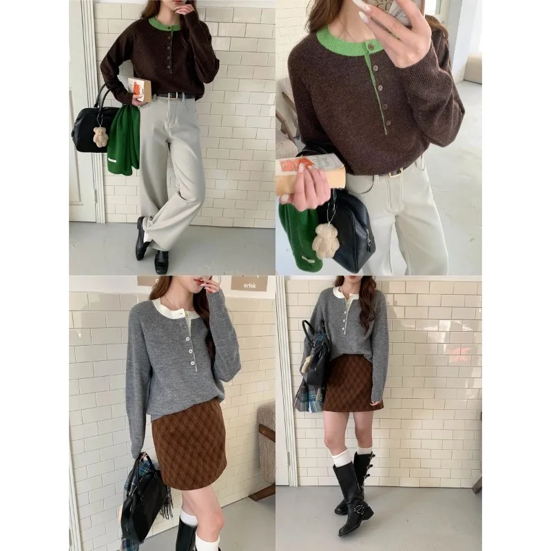 เสื้อสเวตเตอร์ทรงสลิมแบบสองชิ้นปลอมคอเฮนลีย์บล็อกสี