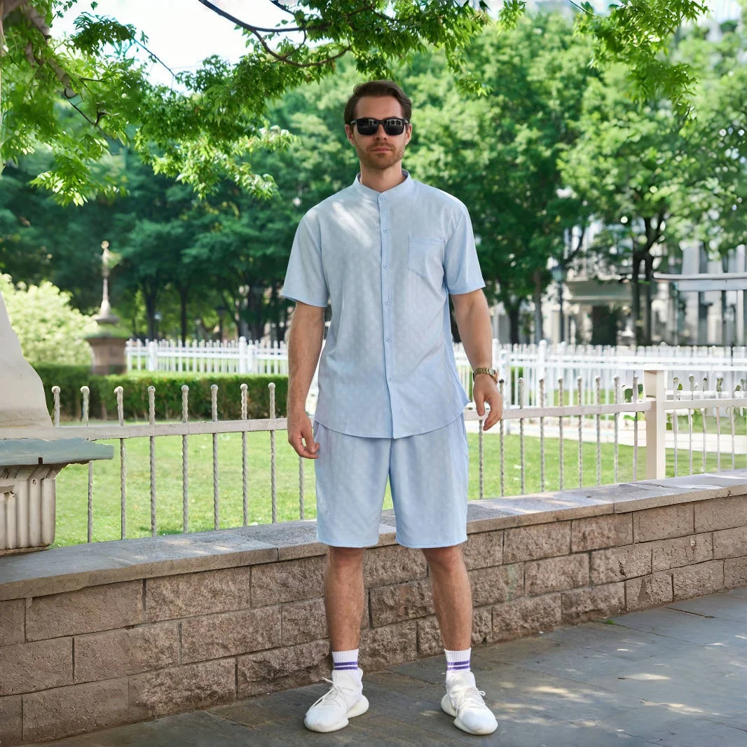 Men's Sporty Street Jacquard Suit Summer Casual Versatile Stand-Up Collar Pocket Shirt Loose Top Cardigan