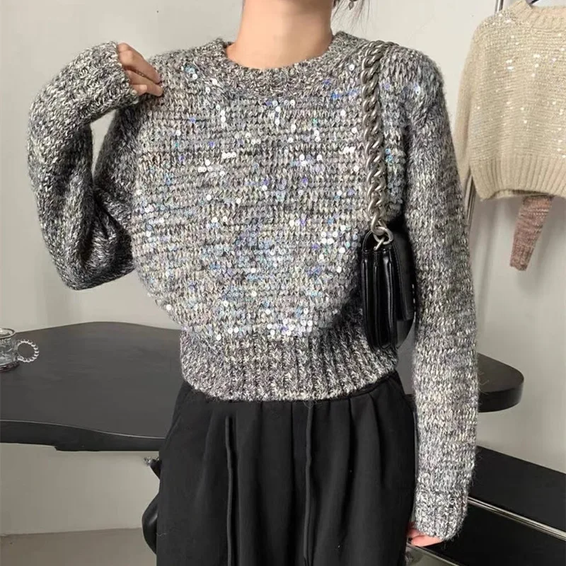 New Korean Round Neck Short Pullover Sequin Knit Sweater with a Lazy and Stylish Design Colorful Yarn Fashion Sweater