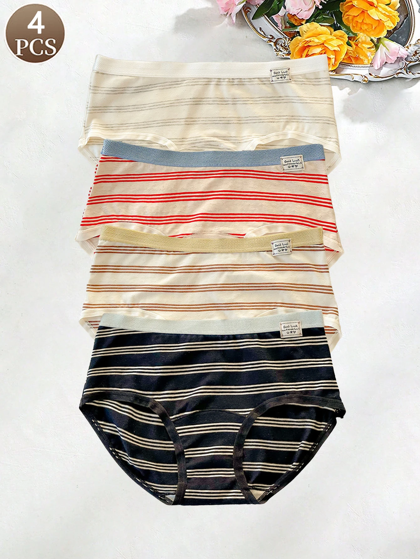 4PCS women's panties preppy striped underwear casual sports pure cotton soft and comfortable women's briefs