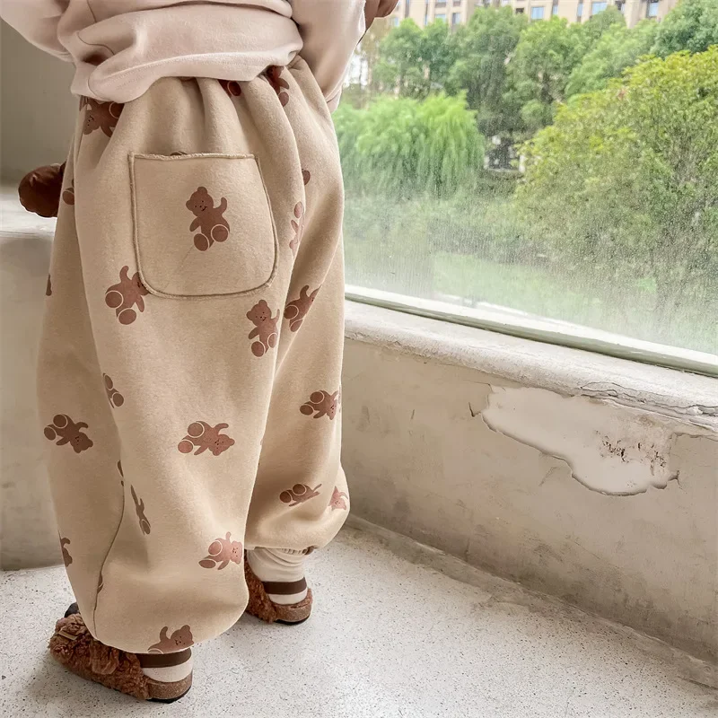 Winter Jongens en meisjes cartoon beren fleece joggingbroek aan de binnenkant Kinderen dikker warme losse broek