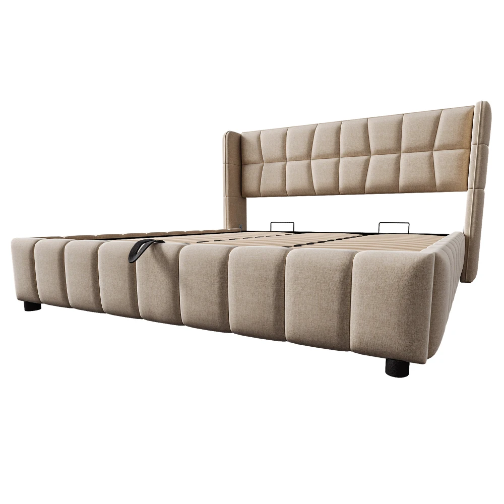 180x200cm gepolstertes Doppelbett mit pneumatischer Stauraum-Lattenrostunterlage und Rückenlehne – Leinenrahmen für Erwachsene und Jugendliche (ohne Matratze) – Detail 11