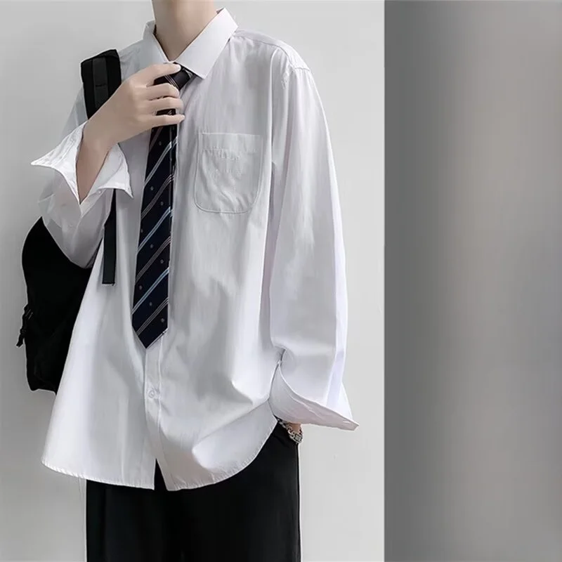 

Loose Fit Men's White irt Trouser Set Long Sve Autumn Casual Korean Sle Class orm School WindDK orm Collar Tie