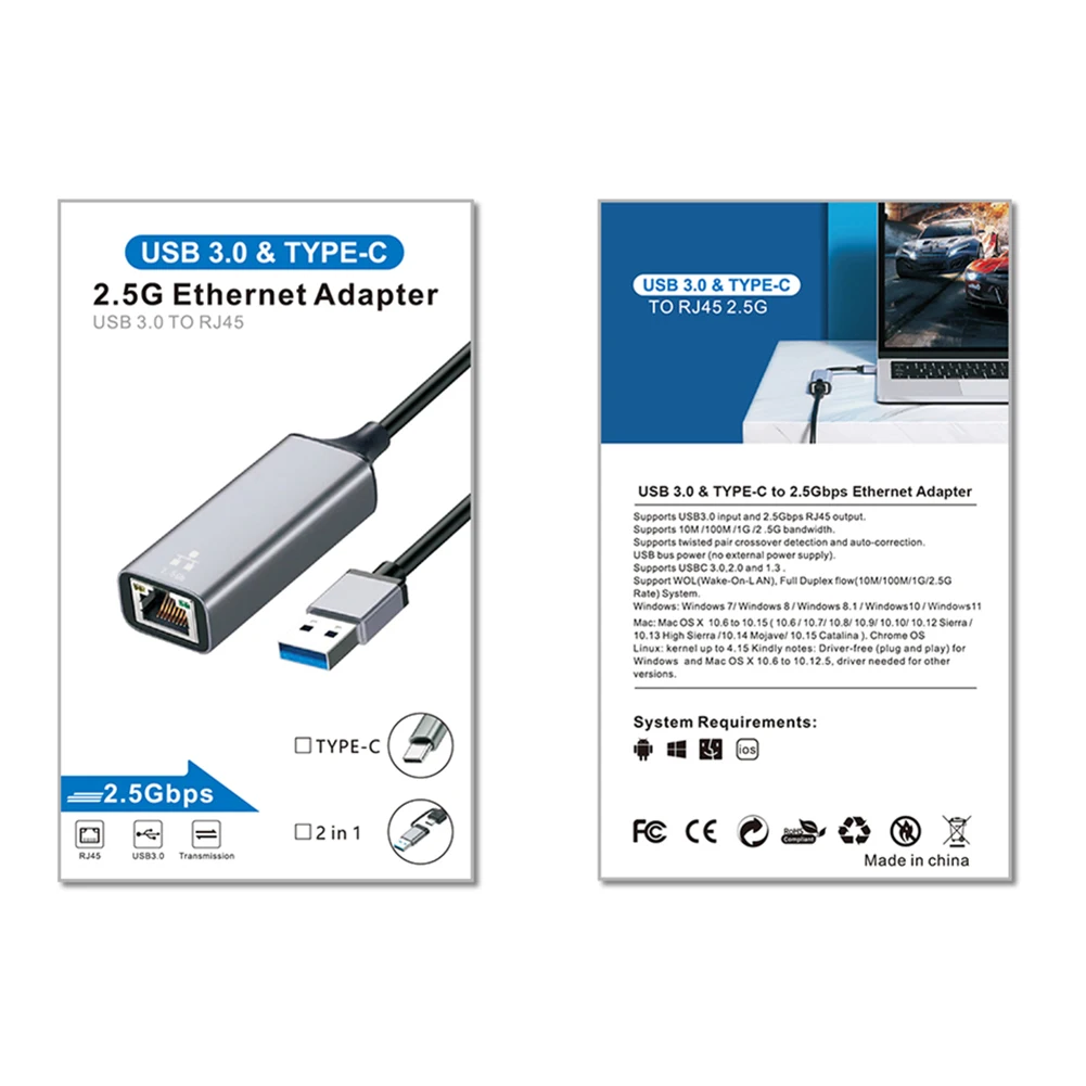 2.5G Wired Gigabit LAN Network Adapter 2500Mbps USB Network Adapter with USB C USB 3.0 LAN Adapter for Windows 7/8/10 for PC