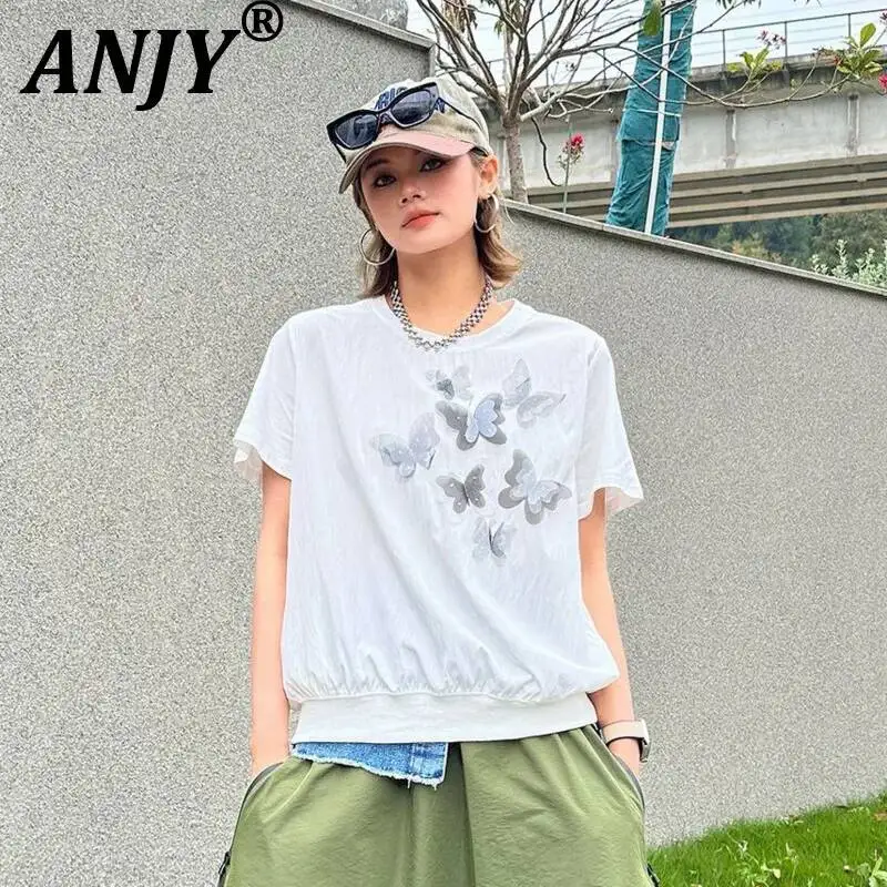 ANJY Summer New Women Korean Style Trendy Versatile Three-Dimensional Butterfly Short Sleeve T-Shirt Loose Casual Ins Top A22858