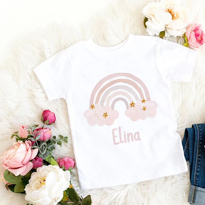 Personalised Kids T-shirt Floral Rainbow Kids Name Tshirt Custom Girl Shirt Rainbow Name Personalised Tshirt Christmas Gift